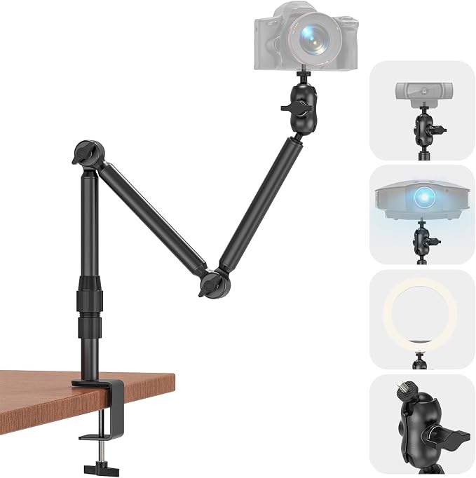 Overhead Camera Mount for Desk, 30.9" Foldable Camera Desk Mount Stand with 1/4" Screws, 360° Rotation 3-Sections Tabletop Holder with C-Clamp for DSLR, Digicam, Webcam, Mini Projector, Microphone by Jubor
