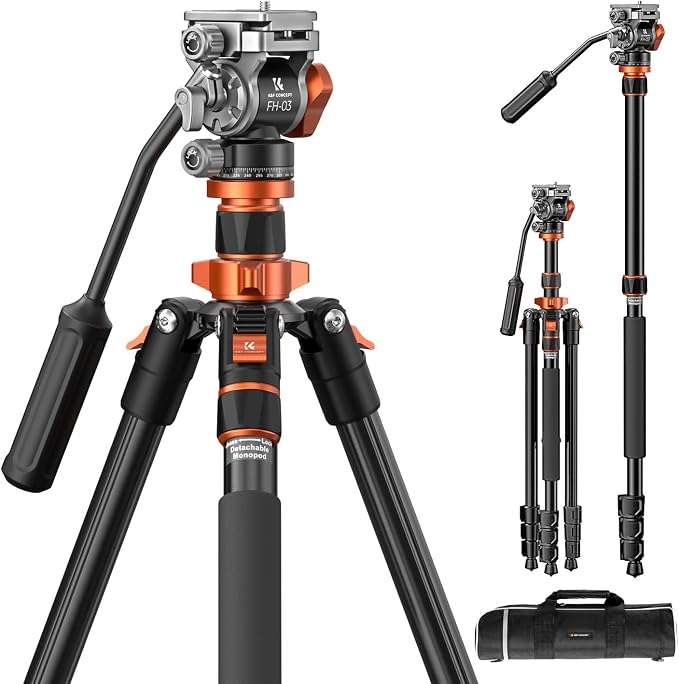 K&F CONCEPT 83" Camera Video Tripod for DSLR | Compact Aluminum, 360° Panorama Fluid Head, Travel, Video, Live Streaming, Vlogging, Payload 11lb, O234A7+FH-03 by KFCONCEPT