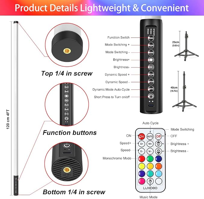 2 Pack 4ft Portable Battery Powered Tube Light 5000 mAh Handheld LED Tube Lights 120cm with Tripods, 500 Vivid Effects, for DJ Lighting, Dance, Photography, Light Painting, YouTube, Night Bar, Party - Image 6