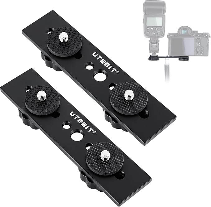 UTEBIT 5 inch Flash Bracket, 2 Pack Long Dual Camera Bracket Mount, Black | Flash Bracket Extension Bar with 1/4" Hot Shoe, Straight Flash Mount 1/4-3/8 Thread Hole Tripod Mount for Camera/LED Light - Image 2