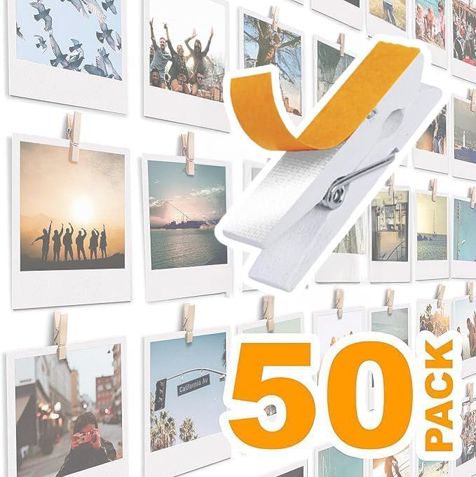 50 Pack Mini Self Adhesive Clips for Pictures - White Wood Clip Photo Holders for Wall, Poster Hanger, Photo Cards Hanging Display Board & Picture Boards, Artwork Photos Holders Card Room Decor by TOROS