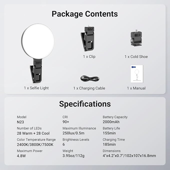 NEEWER Entry Level Version LED Selfie Ring Light, 4.8W Bi Color Edge Lit Clip Phone Fill Lighting with 2000mAh Battery, CRI90+ for Camera Laptop Computer Webcam Video Conference Makeup Recording, N23 - Image 9