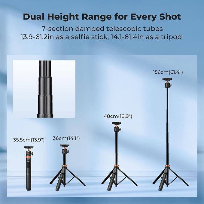 K&F CONCEPT Auto Open 62'' Selfie Stick Tripod with Remote for Vlog | 360° Ball Head Camera Tripod with 2-in-1 Phone Holder, Compatible with DJI Osmo Pocket 3 4 Insta360 Luna Ultra. MS34 - Image 5