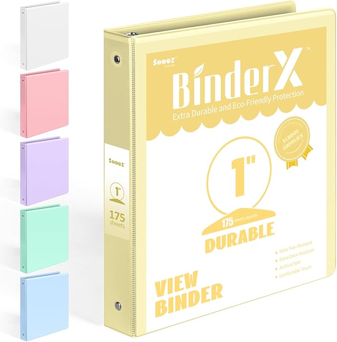 BinderX 3 Ring Binder 1 Inch, 1" Clear View Binder, Yellow, Letter Size | Extra Durable, PVC-Free, Customizable, Interior Pockets, 175-Sheet Capacity, Eco-Friendly, Reinforced Hinge, School, Office by Sooez