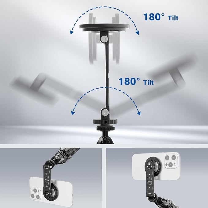 NEEWER Magnetic Phone Tripod Mount Compatible with MagSafe iPhone Samsung, Metal Adjustable Rotatable Cellphone Holder Adapter w/Cold Shoe for Tripod Mounting Camera Monitoring Video Recording, DS031 - Image 3