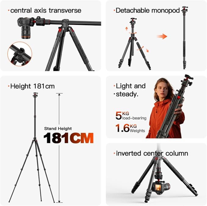 72" Overhead Tripod, Camera Tripod with Center Column and 360 Degree Ball Head, Detachable Monopod with Arca QR Plate, Horizontal Tripod for Camera, DSLR, Max Load 11 lbs - Image 4