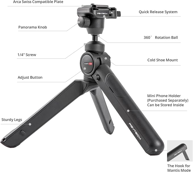 PGYTECH MantisPod 2.0 Mini Camera Vlogging Tripod for Travel | 6 Modes Small Travel Flexible DSLR Pocket Stand, Video Vlogging Desktop Shooting Selfie Mount Stand - Image 2