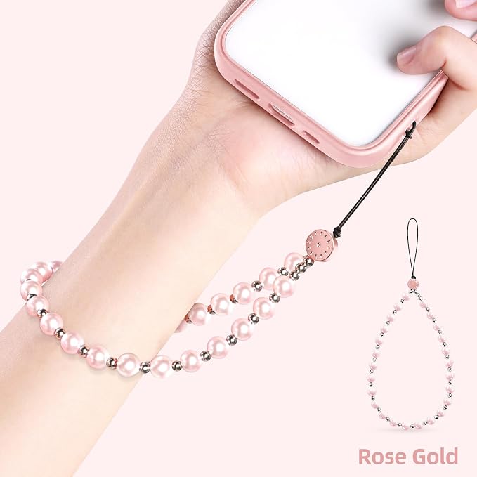 Phone Charm Beaded Strap Cute Cell Phone Wrist Straps String Accessories Hand Aesthetic Lanyard Wristlet Chain for iPhone 17 Pro Camera Case AirPods Bags Keychains Women Girls Rose Gold Pearl - Image 7