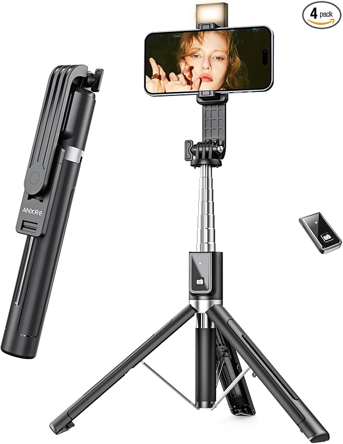 ANXRE Travel Selfie Stick Tripod with Fill Light＆Wireless Detachable Remote | Reinforced Stable Base, Extendable, 50" Phone Tripod Stand for Film & Vlog Compatible with iPhone Samsung Cellphone Gopro by ANXRE