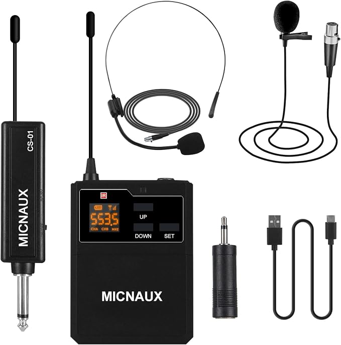 Wireless Lapel Microphone System with Headset & Lavalier Mics, UHF Bodypack Transmitters, Mini Rechargeable Receiver, 48 Channels in 500MHz, 260ft Range, Plug & Play for Wedding Speech Church by MICNAUX