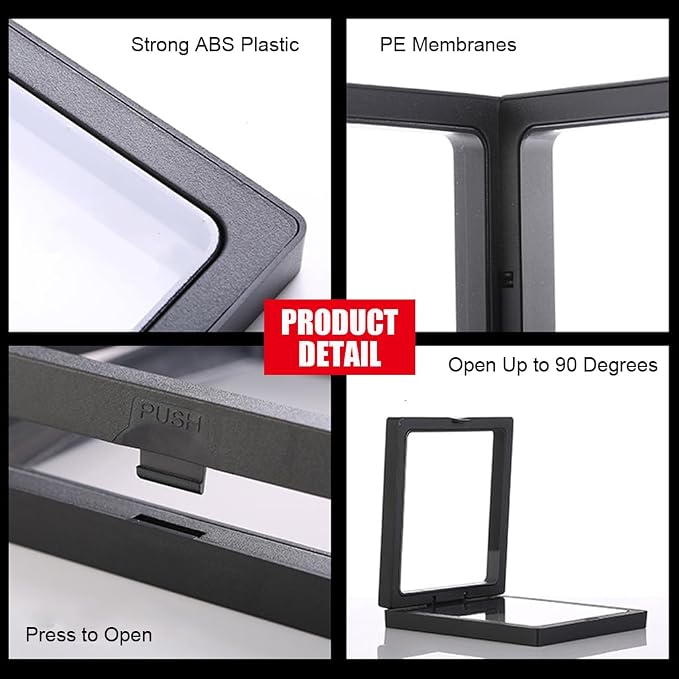 6 Pcs 3D Floating Display Case Frame Display Holder Stands Transparent PE Film Storage Box for Jewelry Challenge Coin Medal Antique 5.51 x 5.51 x 0.8 inch Black and White - Image 4