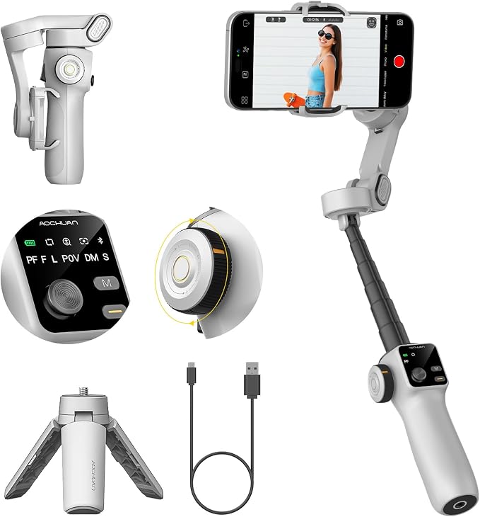 AOCHUAN Gimbal Stabilizer for iPhone & Android, 3-Axis Phone Gimbal with OLED Screen, 7.8" Extendable Rod, Face & Gesture Tracking, Ideal for Vlogging, Travel & Video Recording-Smart V8 White by AOCHUAN