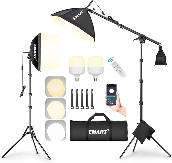 EMART Softbox Photography Lighting Kit, 50W LED 2PCS Soft Box with Boom Arm | Professional Equipment 16"x16" & 20"x20" Softbox, 50W 3000-6000K LED Bulbs, APP/Remote, Stand with Boom Arm for Studio, Vedio by EMART