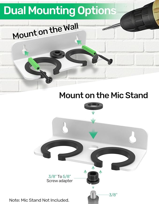 White 2-Slot Multi Mic Holder for Handheld Wired/Wireless, Wall/Stand Mount | Wall Mounted Organizer, Fits 5/8 & 3/8 Mic Stand, Holds 2 Wired/Wireless Mics for Church/Stage/Studio, Rubber Pad Protection - Image 2