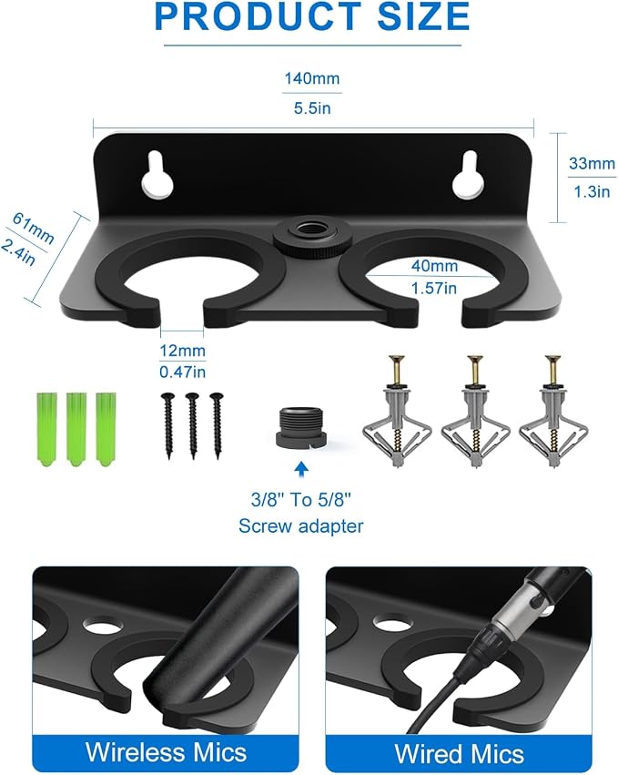 Double Mic Holder for Stand, Wall Mounted for 2 Handheld Wired/Wireless Mic | Multiple Mic Organizer Fits 5/8 & 3/8 Stands, Rubber Pad Protection, Holds 2 Dynamic Mics for Church/Stage/Studio/Podcast - Image 6