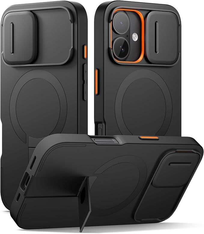 SURITCH for iPhone 16 Case with Magnetic Camera Slide Cover and Adjustable Kickstand, Compatible with MagSafe, Shockproof Bumper Case Slim Protective Cover 6.1 Inch, Black by SURITCH