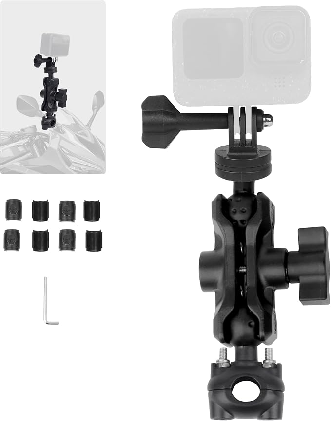 Bike Motorcycle Camera Mount Bundle Kit, 1/4" Screw & Tripod Mount Adapter, 360°Rotating Ball Head Base - Super Clamp Mounting for Most Action Camera, Rearview Mirror(0.35"-0.47") 75015 by Mechrig