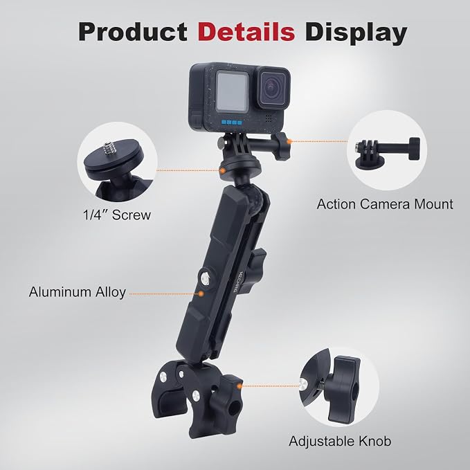 Super Clamp with Dual Ballhead Magic Arm, Aluminum Camera Clamp Mount Kit for GoPrO/Pocket 3 /lnsta360 X5 X4 /DSLR/Monitor/Video Light/Desk/Microphone/Handlebar-360°Rotating & 1/4”Screw, JC029 - Image 5