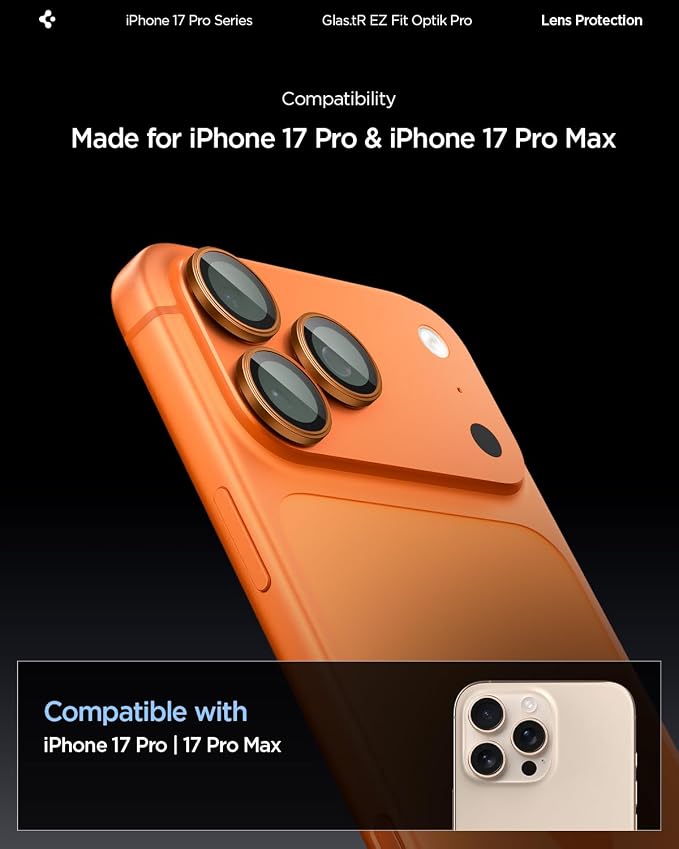 Spigen Camera Lens Protector for iPhone 17 Pro Max / 17 Pro - Orange | GlasTR EZ Fit Optik Pro, 9H+ Tempered glass, Scratch resistant, Auto-align tray, Original photo quality, Case-friendly, 2Pack - Image 2