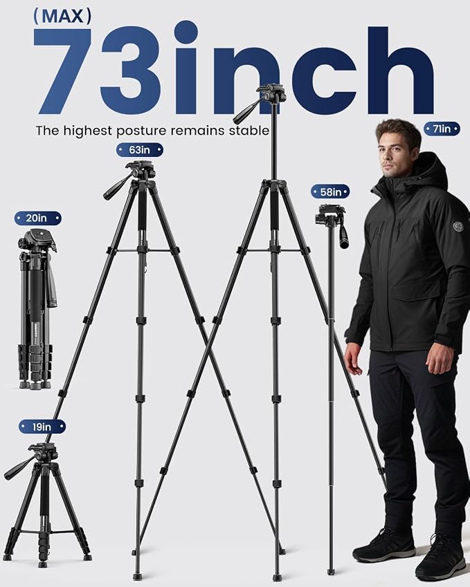 CAMBOFOTO 73" Camera Tripod and Monopod, Aluminum Tripod Stand/Black | for Professional Camera/Mirrorless/DSLR/Cell Phone/Camcorder/GoPro, with Phone Holder/Travel Bag - Image 3