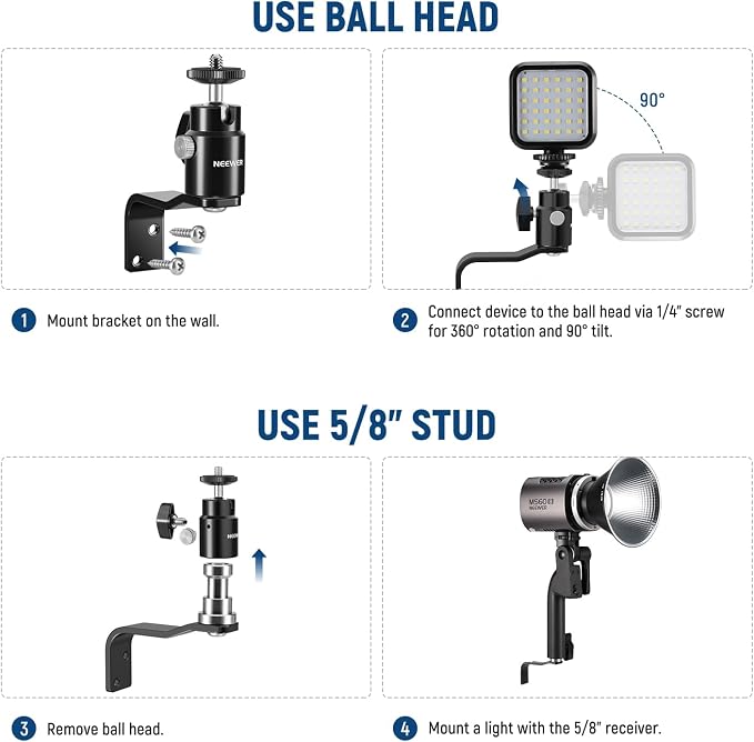 NEEWER 2 Pack E Type Wall Ceiling Mount, Ring Light Wall Mount Bracket with Detachable Ball Head, 5/8" Stud, 1/4" Screw for Flash Strobe Camera Monitor Studio Lighting, Max Load: 4.4lb/2kg, TS007 - Image 3