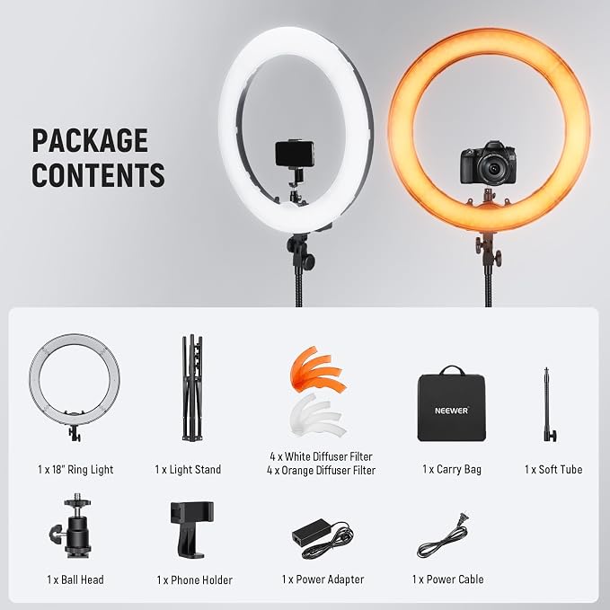NEEWER RL-18 18 Inch Ring Light with Tripod Stand, 55W Large LED Ringlight | Cold Shoe, Phone Holder, Compatible with iPhone Camera, for Video Recording Photography Streaming Selfie Makeup Studio Photo - Image 9
