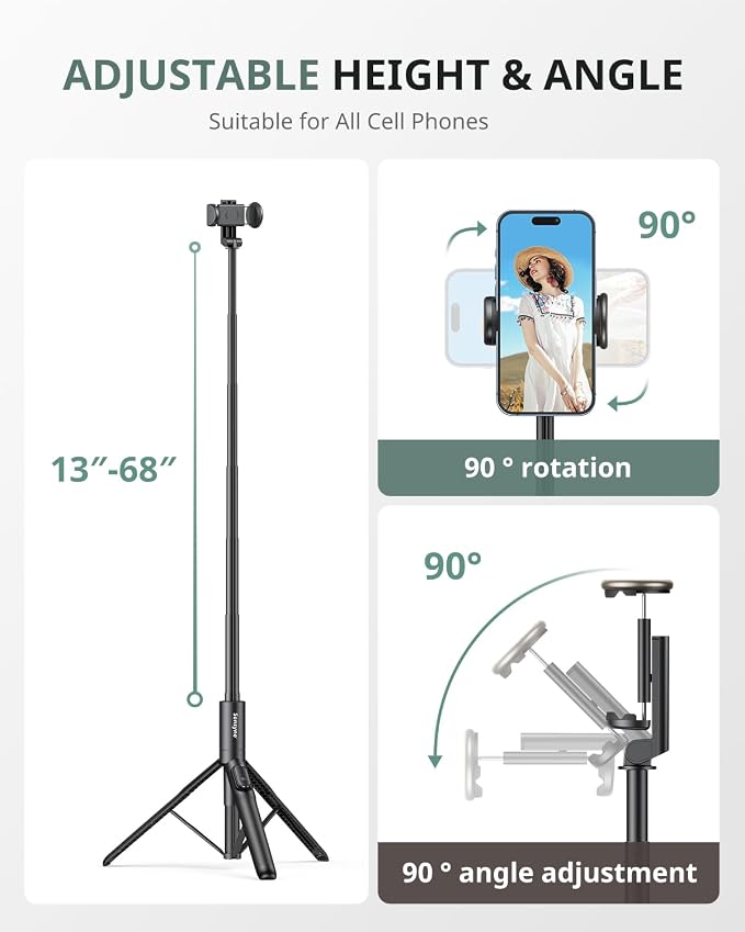 Sensyne 68" Phone Tripod & Selfie Stick, Lightweight All in One Phone Tripod Integrated with Wireless Remote Compatible with All Cell Phones for Selfie/Video Recording/Photo/Live Stream/Vlog（Black） - Image 5