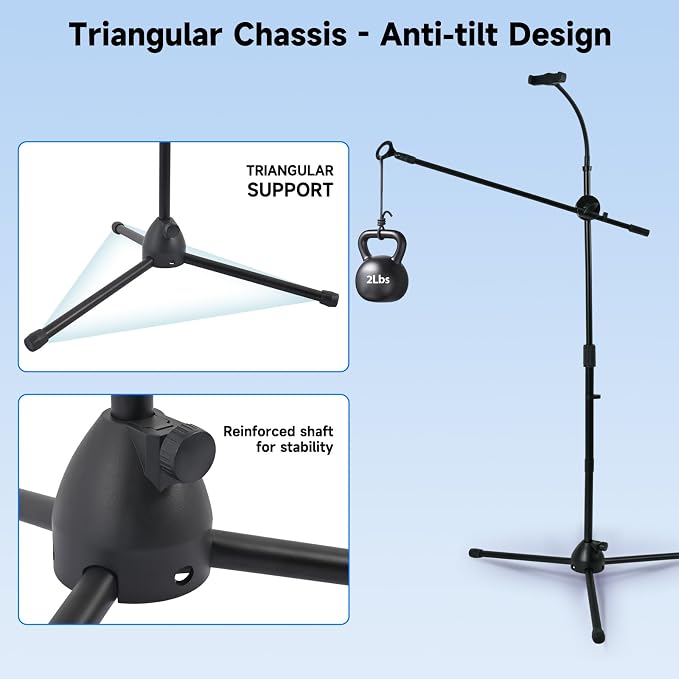 Microphone Floor Stand, Mic Stand Floor with Phone Holder Height Adjustable, Heavy-duty Tripod Stable Stand with Boom Arm Dual Device Mount for Streaming, Podcasting, Recording, and Live Performances - Image 4