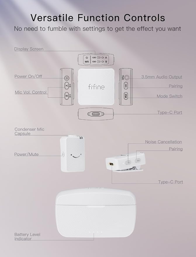 FIFINE M9W Wireless Lavalier Dual Lapel Microphone Kit for Vlog Interview | Condenser Clip-On Lapel Mic System, Charging Case, for Android Vlog YouTube TikTok Interview - Image 7