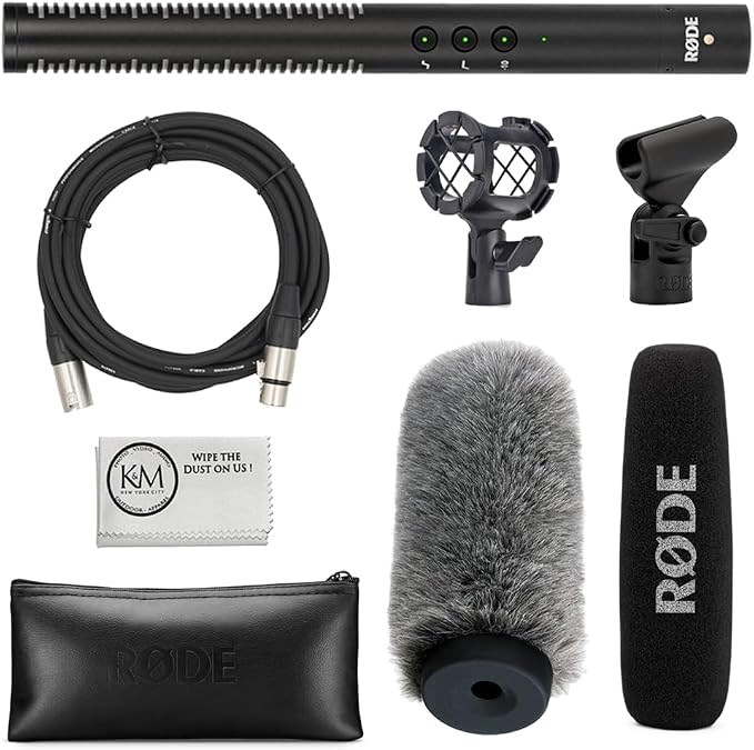 RØDE NTG4 Shotgun Microphone w/Digital Switches Bundled with Universal Shockmount + Fur Windshield + XLR Microphone Cable + Cleaning Cloth (5 Items) by R%C3%98DE