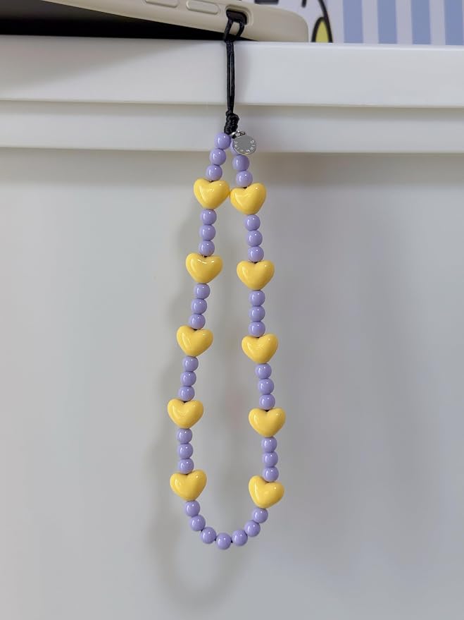 Drawwind Phone Charm Beaded Wristlet Strap Universal Cell Phone Lanyard Cute Bracelet Wrist Strap Beaded Chain String Handmade Accessories for Case Camera Bags (Yellow Hearts) - Image 3