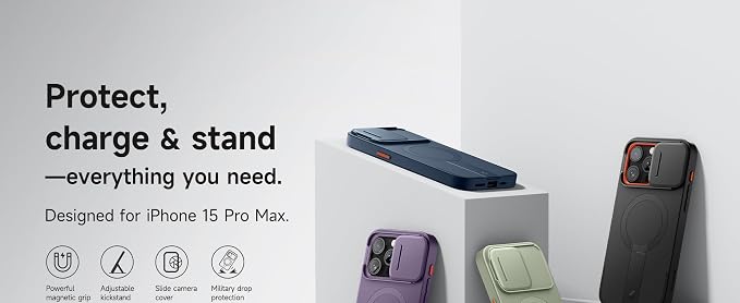 SURITCH for iPhone 15 Pro Max Case with Magnetic Camera Slide Cover and Adjustable Kickstand, Compatible with MagSafe, Shockproof Bumper Case Slim Protective Cover 6.7 Inch, Dark Purple - Image 9