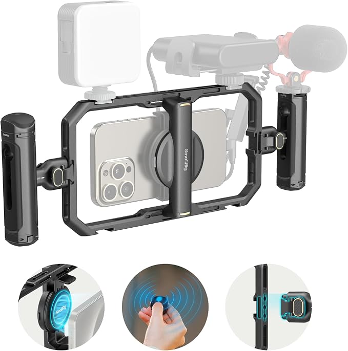 SmallRig Universal Quick Release Phone Cage Kit Basic, Aluminum Smartphone Video Rig Kit with Wireless Control Dual Handles and Phone Clip, for MagSafe, for iPhone 17 16 15 for Samsung for Pixel by SmallRig