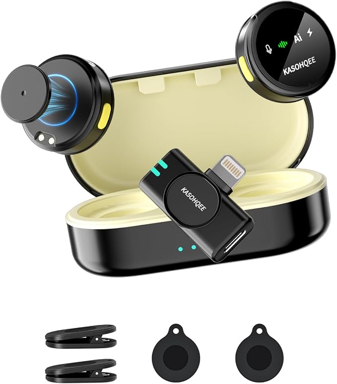 Wireless Lavalier Microphone for iPhone 17/16/15/14, iPad & Android, Magnetic Clip-on Mini Mic with Charging Case,30H Playtime Plug-Play Lapel Lavalier Mic for Vlog TikTok, AI Noise Reduction by kasohqee