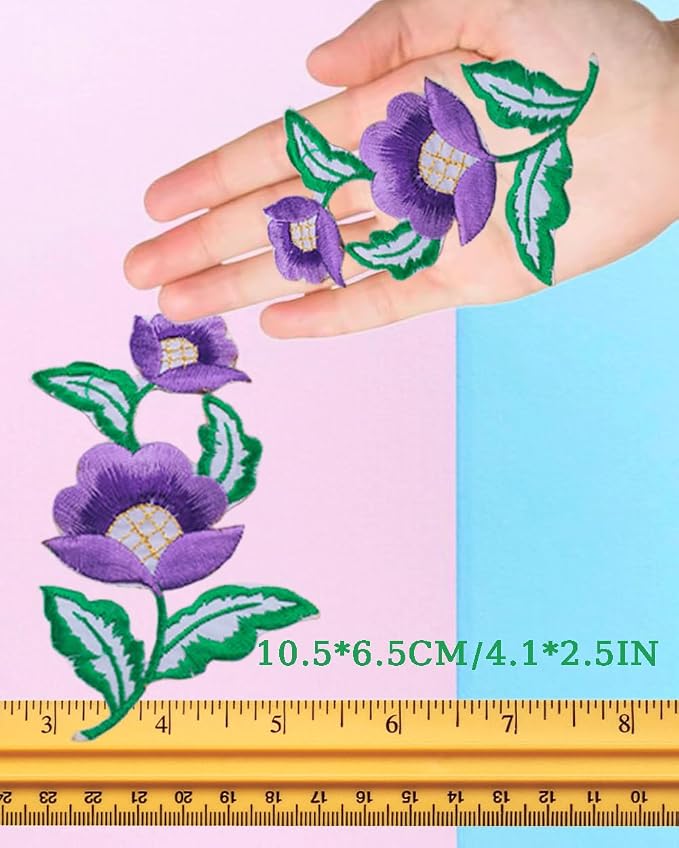 5 Pairs Floral Iron on Applique Flower with Green Vine Embroidered Patch for Collar Dress Accent Shoes Jeans Sewing Accessories Embellishment (Purple) - Image 2