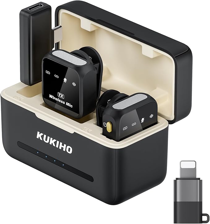 Wireless Lavalier Microphone for iPhone iPad Android With Charging Case 80h Battery Life, Noise Cancellation, 164ft Range Plug-Play Clip On Lapel Mic for Youtube, Video Recording, Vlog, Live Streaming by KUKIHO