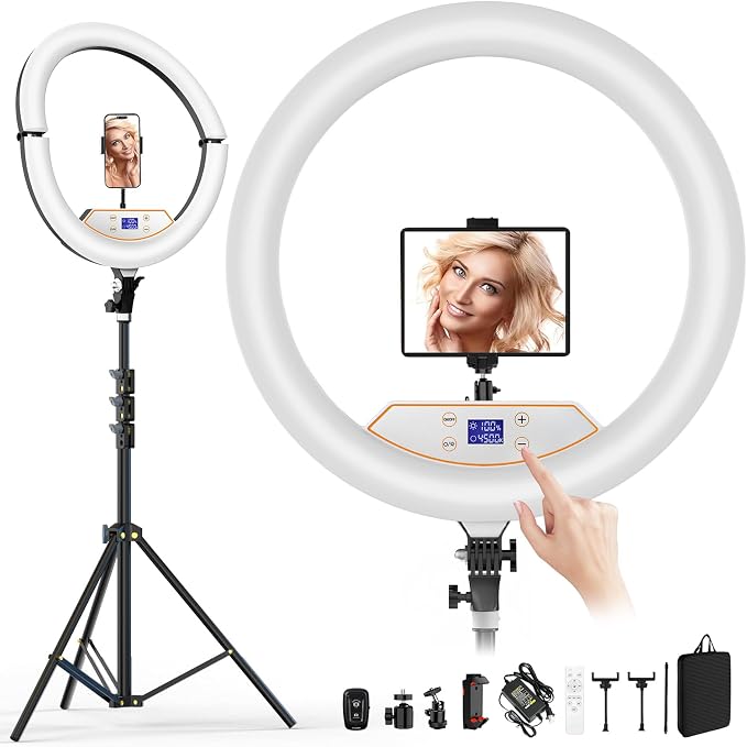 22" Ring Light with Stand: Touch Screen LED Display & 75" Tall Tripod, | 3 Color modes 6500K / 2 USB Ports Foldable LED Big Ring Light Tripod for Live Stream,YouTube,TikTok Video Shooting by Auriani