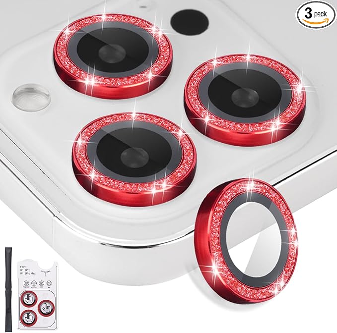 Camera Lens Protector for iPhone 16 Pro/16 Pro Max, Glitter Red | Tempered Glass, Auto-align Tray, Easy Installation, Case Friendly, Anti-Scratch, HD Clear, Ultra Slim by Rayorcon