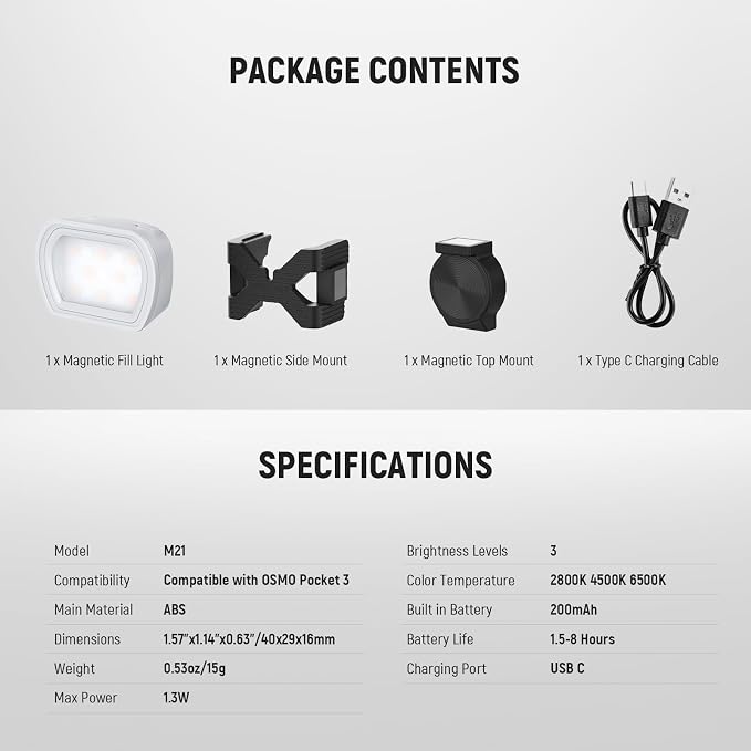 NEEWER Basics Magnetic Auxiliary Light Compatible with DJI OSMO Pocket 3 Creator Combo, 1.3W Rechargeable Plastic Mini LED Fill Light Attachment w Upgraded Mounts for Vlog Recording Selfie, M21 Gray - Image 9