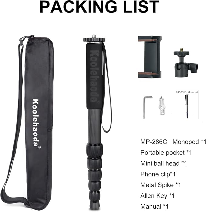 Koolehaoda 62" Camera Monopod 6 Section Compact Carbon Fiber Unipod | Extendable Photography Monopod with Phone Holder for DSLR Mirrorless Cameras Video Camcorder Max Load 10kg/22lbs - Image 7