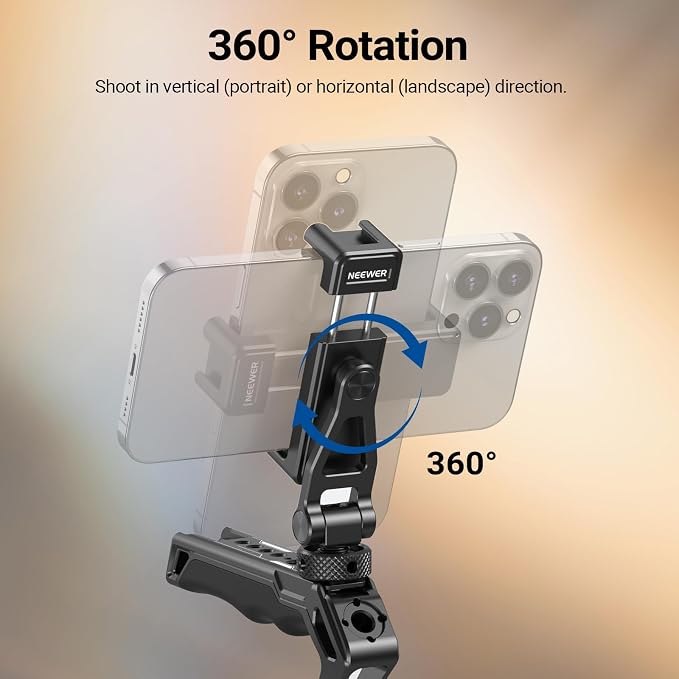 NEEWER GA010 Phone Tripod Mount, 65–90mm Adjustable Phone Clamp Holder with 1/4" Thread, 180° Tilt, 360° Swivel, Cold Shoe Accessories Compatible with iPhone 17 Pro Max Samsung S26 Ultra & More - Image 4