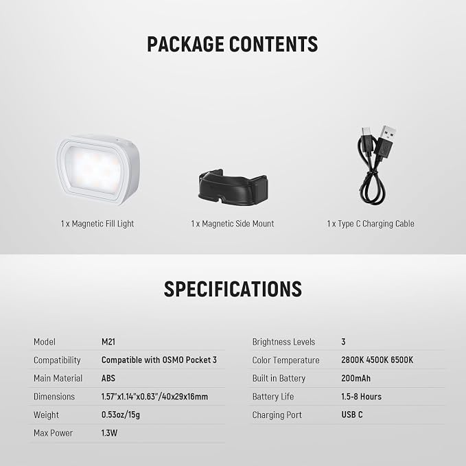 NEEWER Basics Magnetic Auxiliary Light Compatible with DJI OSMO Pocket 4 & 3 Camera, 1.3W USB C Rechargeable Plastic Side Mounted LED Fill Light Attachment for Selfie Vlog Video Recording, M21 Gray - Image 9