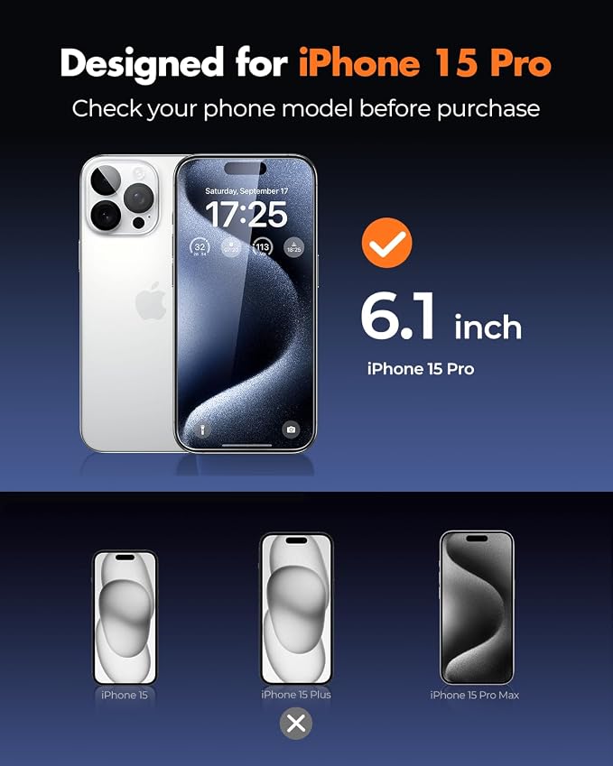 UNBREAKcable iPhone 15 Pro Screen Protector & Camera Lens Protector | Upgraded Dual-Tempered Glass with Military-Grade 9H Hardness, 3-Pack,HD Clarity, Anti-Fingerprint, Case Friendly, Fits 6.1'' - Image 2