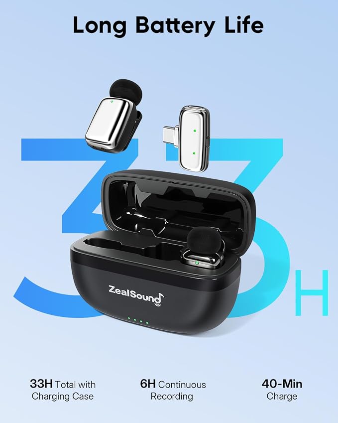 ZealSound Mini Wireless Lavalier Microphone for iPhone iPad Android, Dual Channel Wireless Microphones with Noise Cancellation, Mute & Volume Control, 33H Battery Case, USB-C & Lightning Plug & Play - Image 8