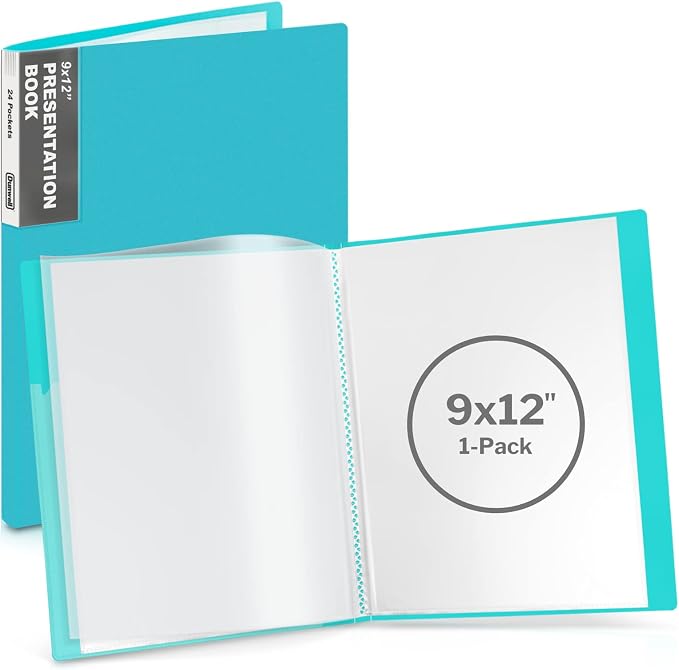 Dunwell 9x12 Presentation Binder, 24 Pockets, Displays 48 Pages, Aqua | Displays 48 Pages, Clear Plastic Sleeves, Acid-Free Poly, Fits 9x12 & A4 Documents by Dunwell