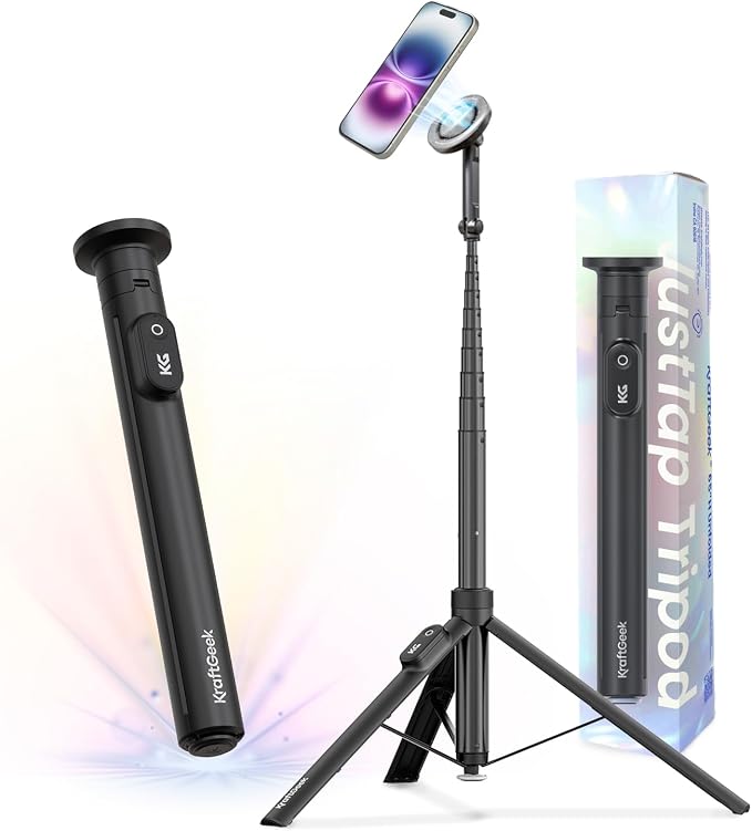 KraftGeek Magnetic Phone Tripod for iPhone, JustTap Tripod for MagSafe | 66" Auto-Open Selfie Stick Tripod, N52 Magnetic Mount, Portable Phone Tripod Stand for Travel, Video Recording & Vlogging by KraftGeek