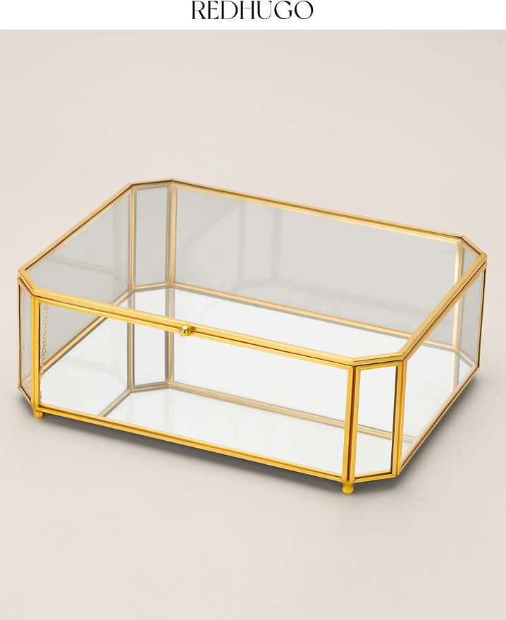 REDHUGO Large Glass Boxes for Display Handmade, Octagon, Gold | Handmade Glass Jewelry Box with Mirrored Bottom and Lid, Ideal for Trinkets, Photos, Keepsakes and Vanity Decor - Image 5