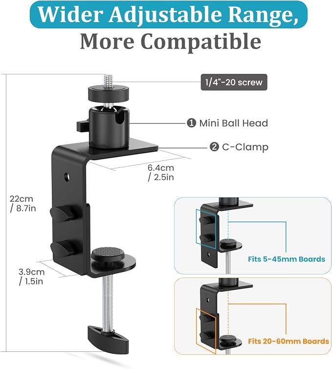C-Clamp Mount with 360 Degree Ball Head & 1/4 Screw Adapter for Camera | Compatible with Go Pro, Ring, Google Nest, Wyze, and Arlo, Fits Desk/Railing/Branch/Handlebar, Metal, Black (60mm) - Image 3
