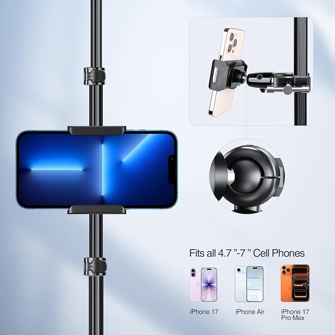 elitehood Swivel Tilt Phone Holder for Mic Stand Mount & Microphone Stand | Aluminum iPhone Mic Stand Holder, 360° Adjustable Phone Clamp Mount for Music Boom Microphone Stand, Fit All Cell Phone - Image 3
