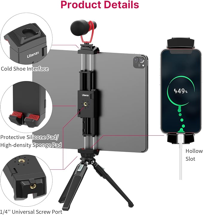 ULANZI ST-29 Phone Tripod Mount, 2-in-1 Tablet Smartphone Holder Adapter | Cold Shoe Mount, Dual 1/4" Screw Holes for tripod, 2.6"-8.8" Extend Clip Clamp Compatible with iPad, iPhone, Android - Image 3